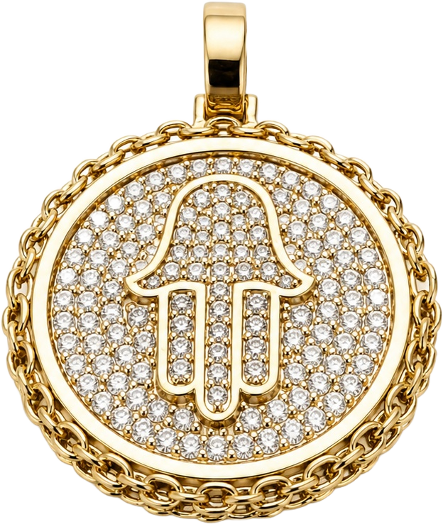 Finished yellow-gold Hamsa pendant with pavé stones on marble