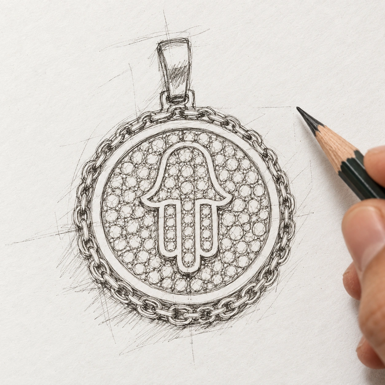 Hand-drawn concept sketch of a yellow-gold Hamsa pendant with pavé stones and a chain border