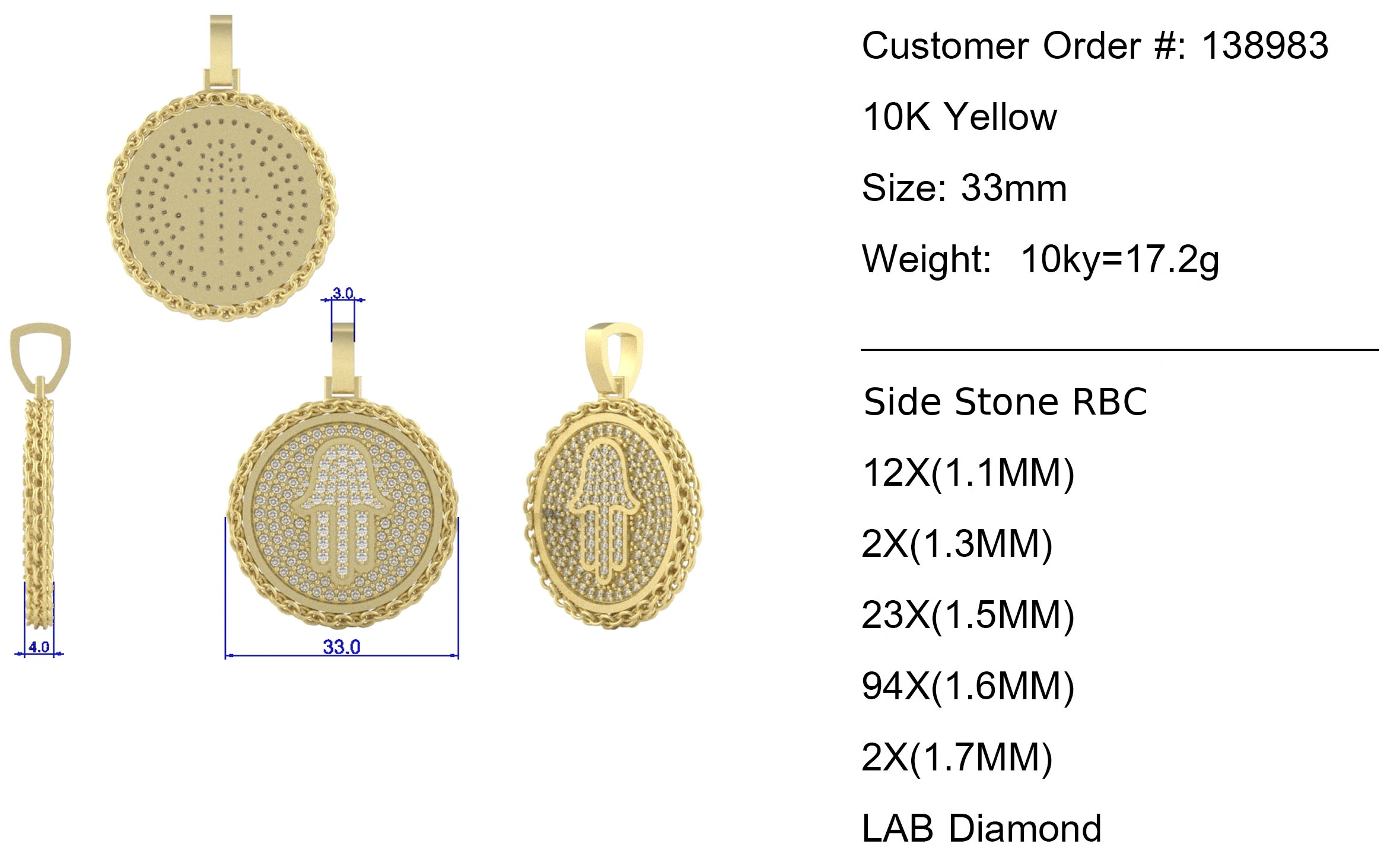 Technical CAD sheet showing four pendant views, measurements, material and Side Stone RBC specifications