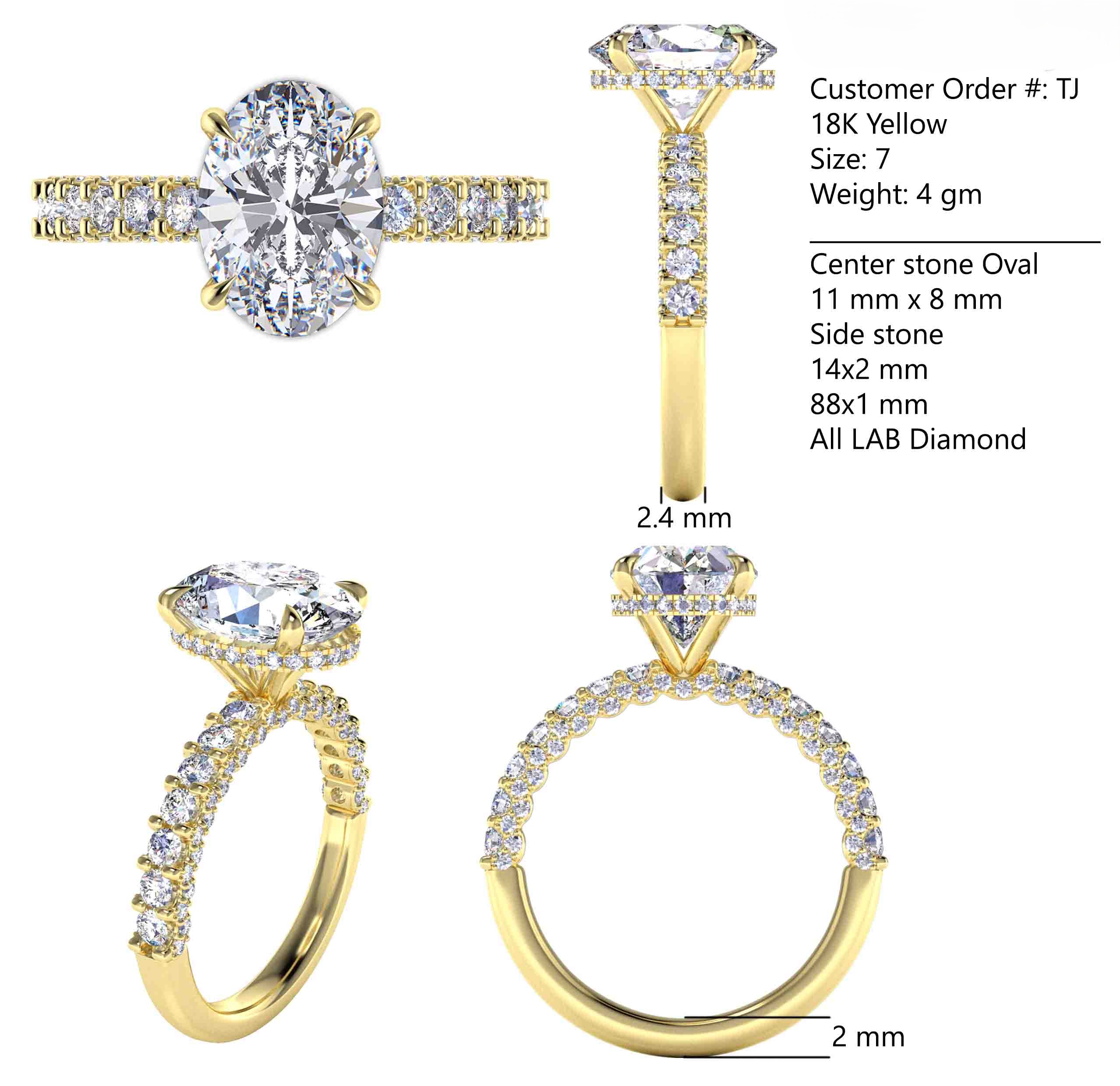 Multi-view customer CAD review sheet for an oval diamond ring