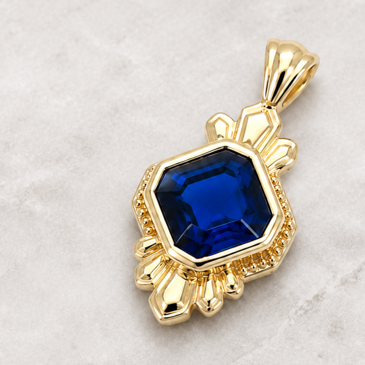 Gold pendant with a deep blue gemstone