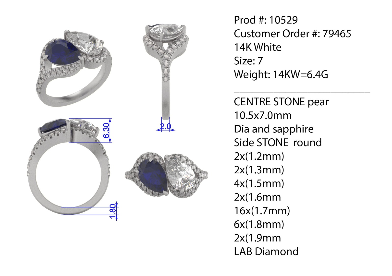 Multiple CAD views of a custom sapphire and diamond ring