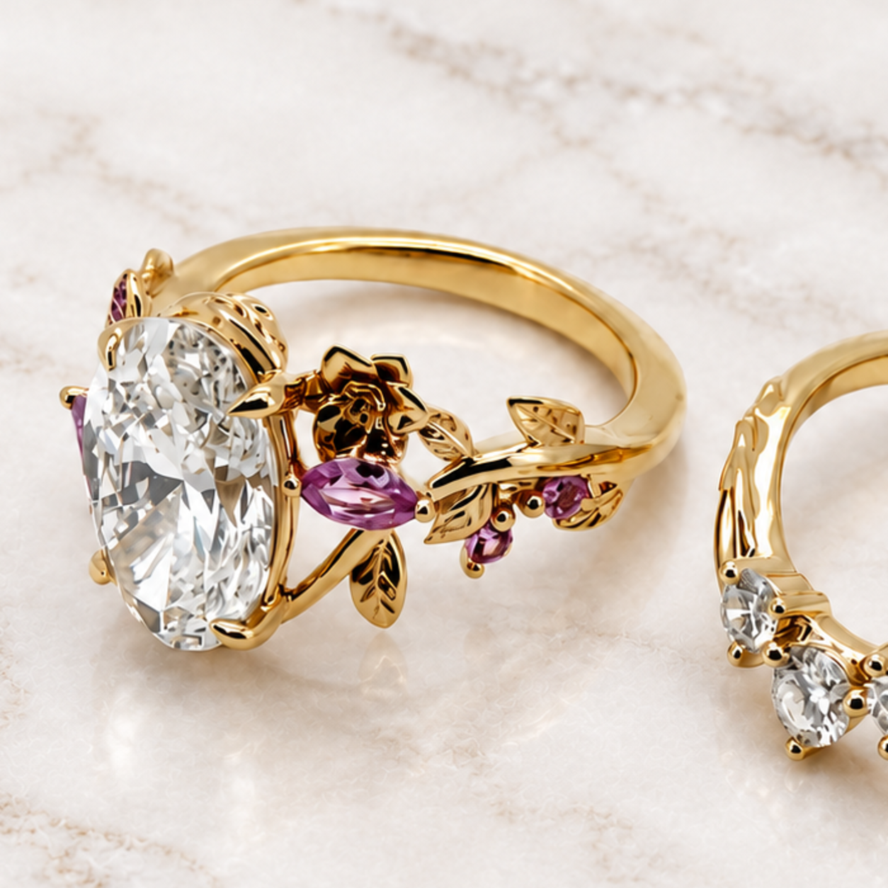 Gold engagement ring and matching wedding band manufactured by BCJExport