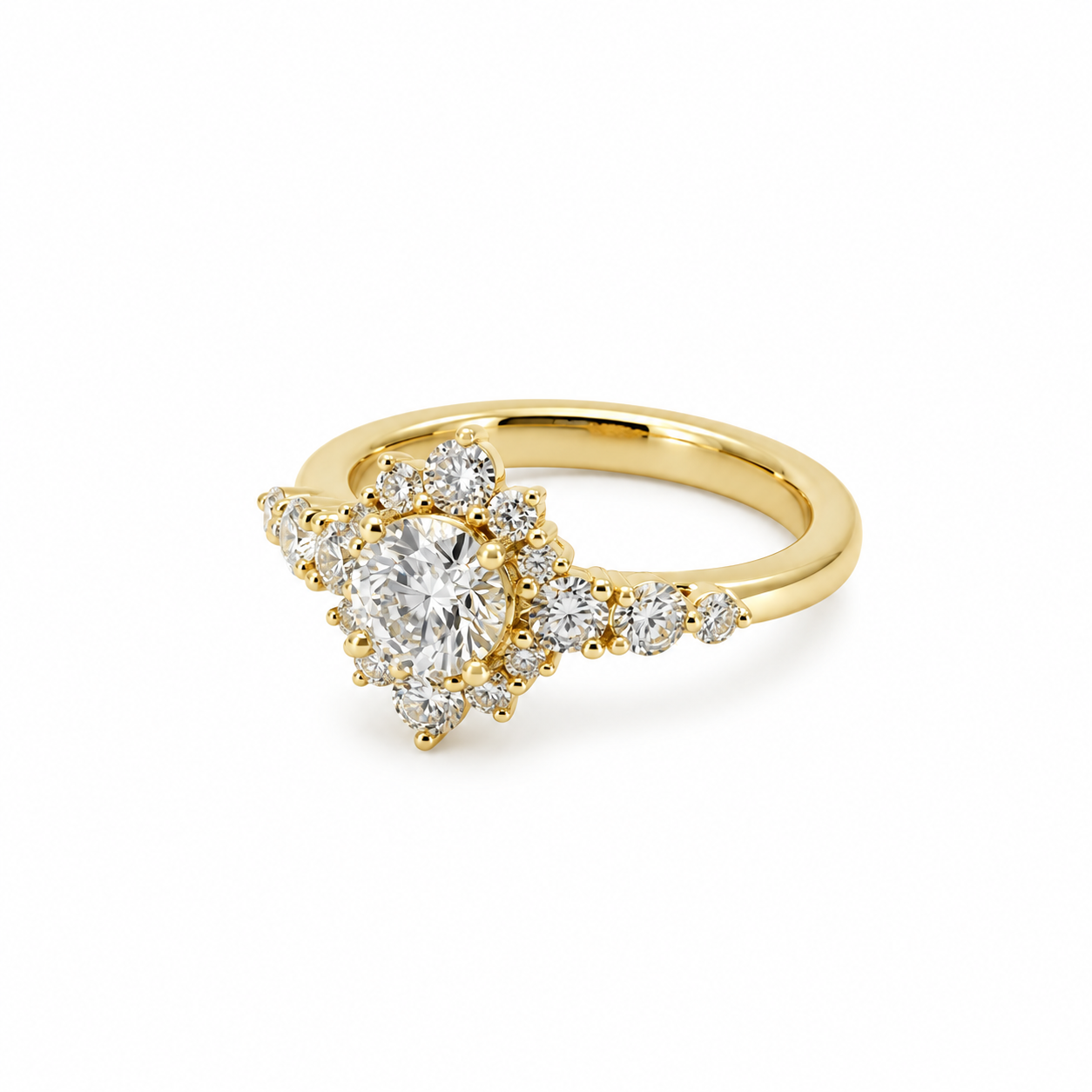 Illustrative gold and diamond cluster ring